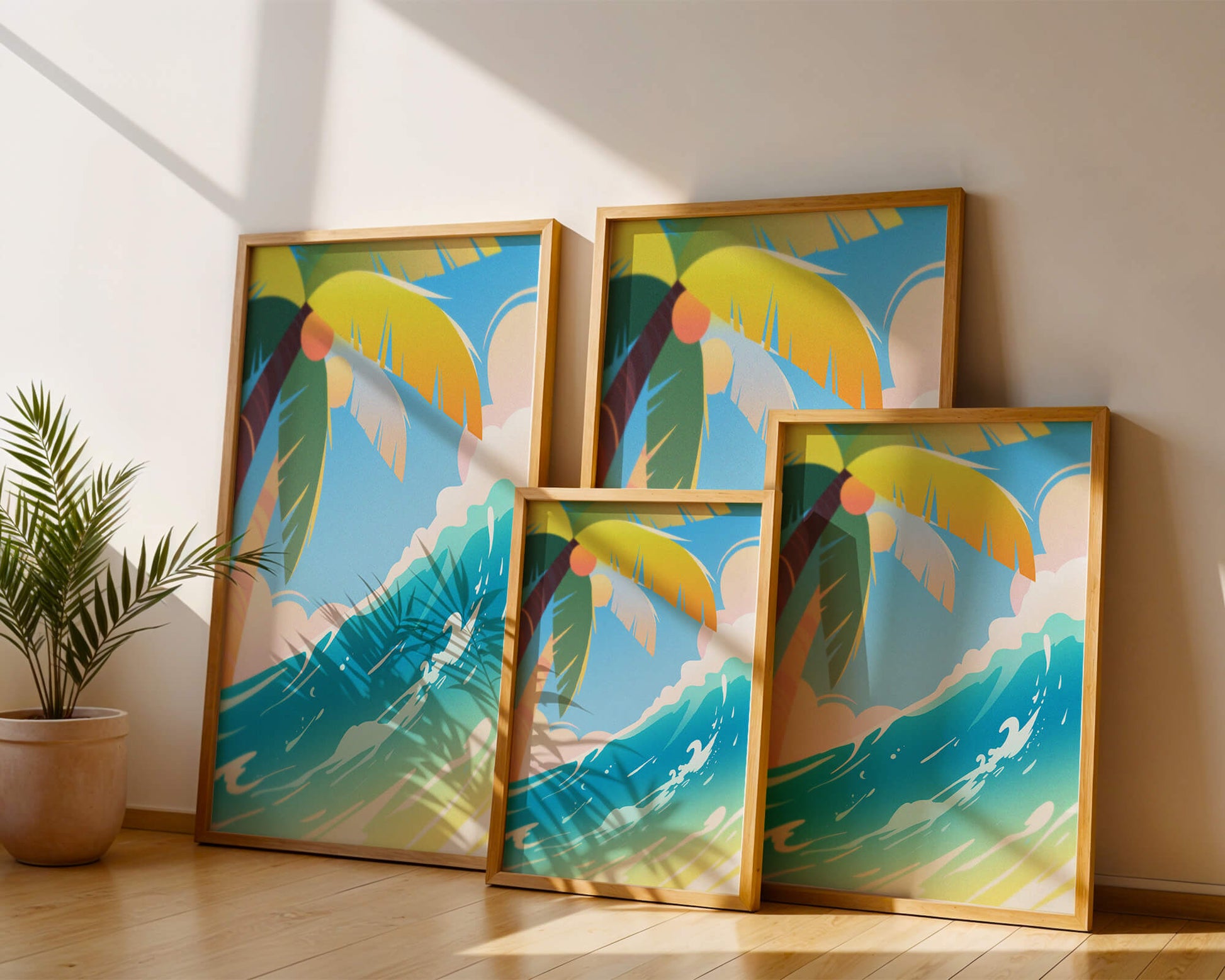 Escena vibrante de playa tropical con palmera y ola del océano