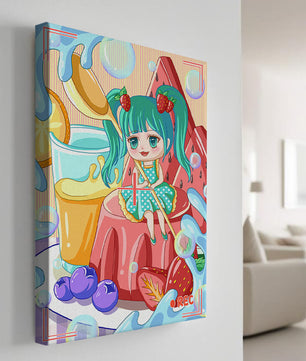 Scène de dessert fantaisiste avec un personnage mignon et des couleurs vives