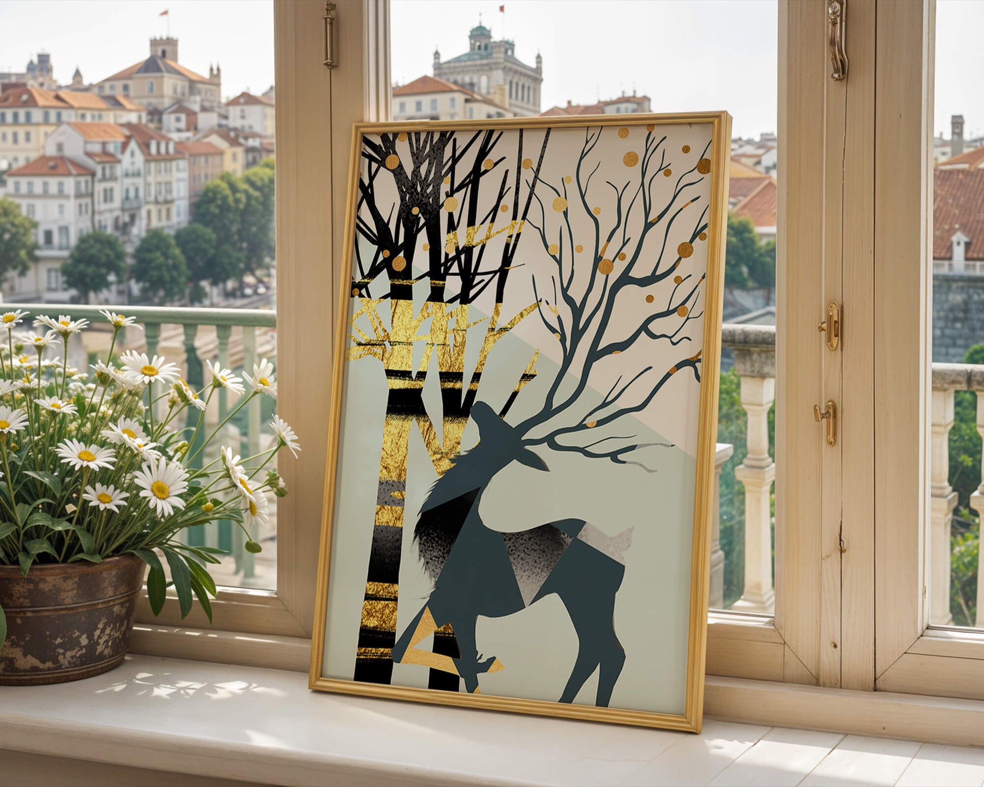 Abstract Deer Silhouette with Golden Accents and Trees