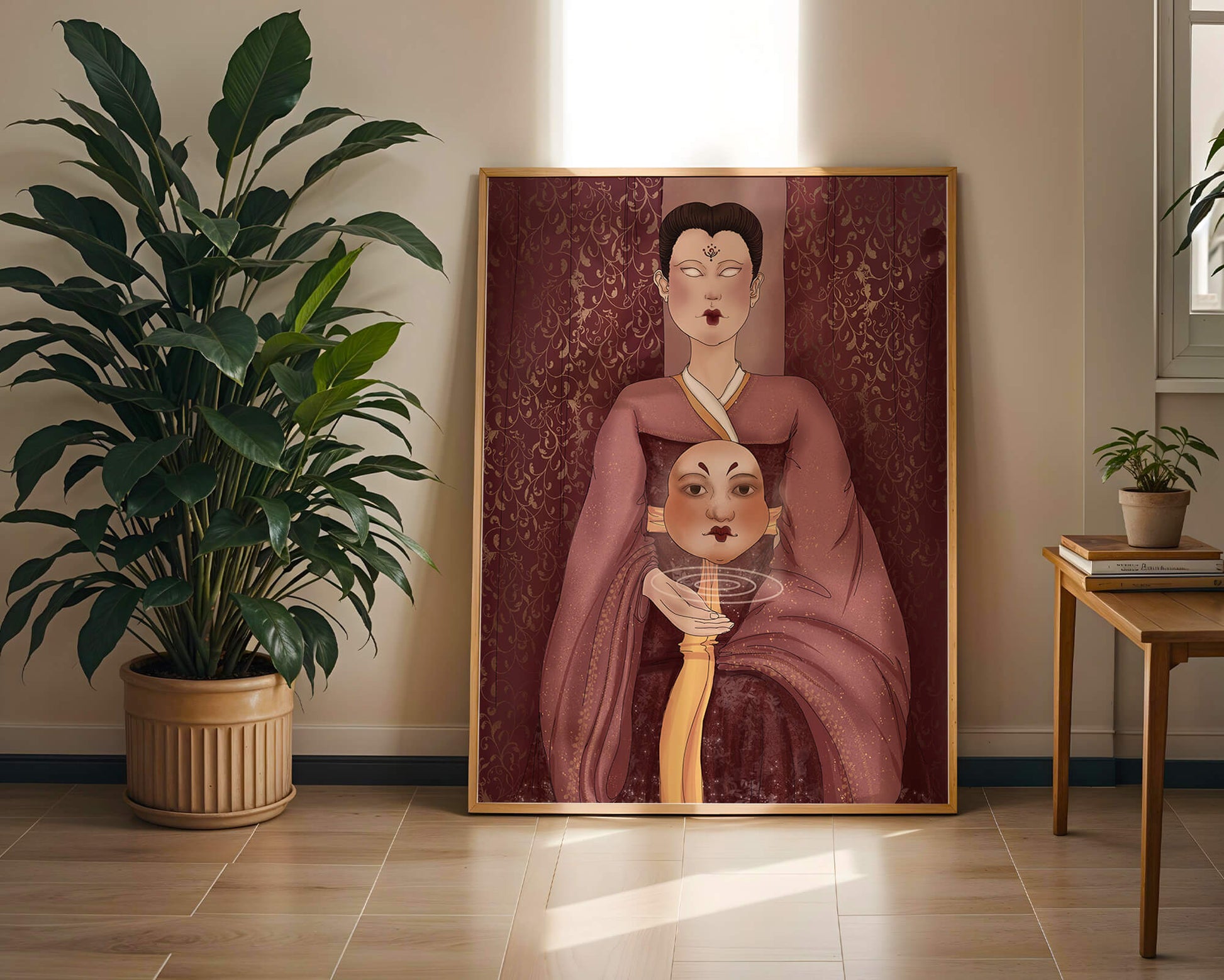 Ilustración de una figura mística con máscara y fondo ornamentado