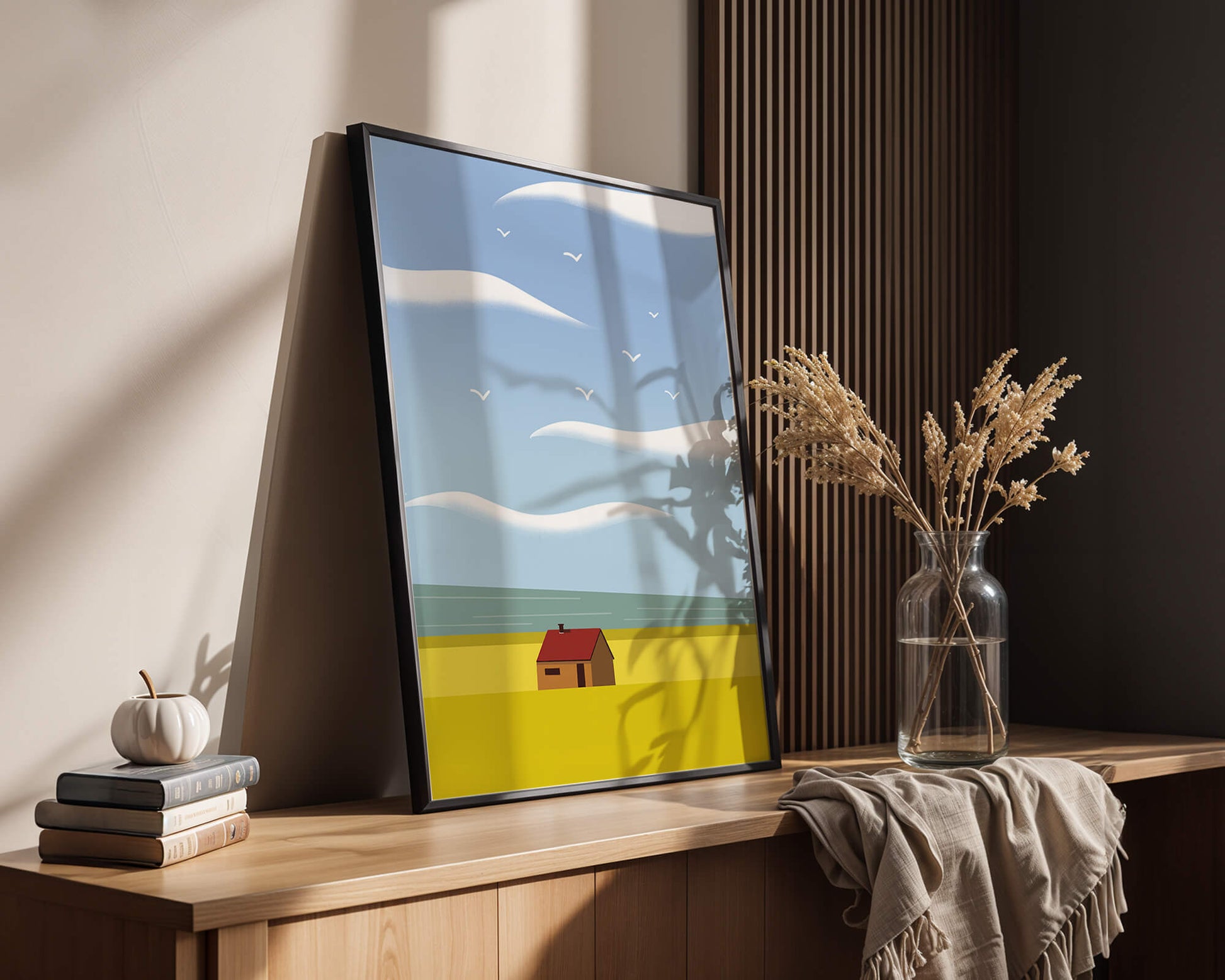 Minimalistic Landscape with House and Sky