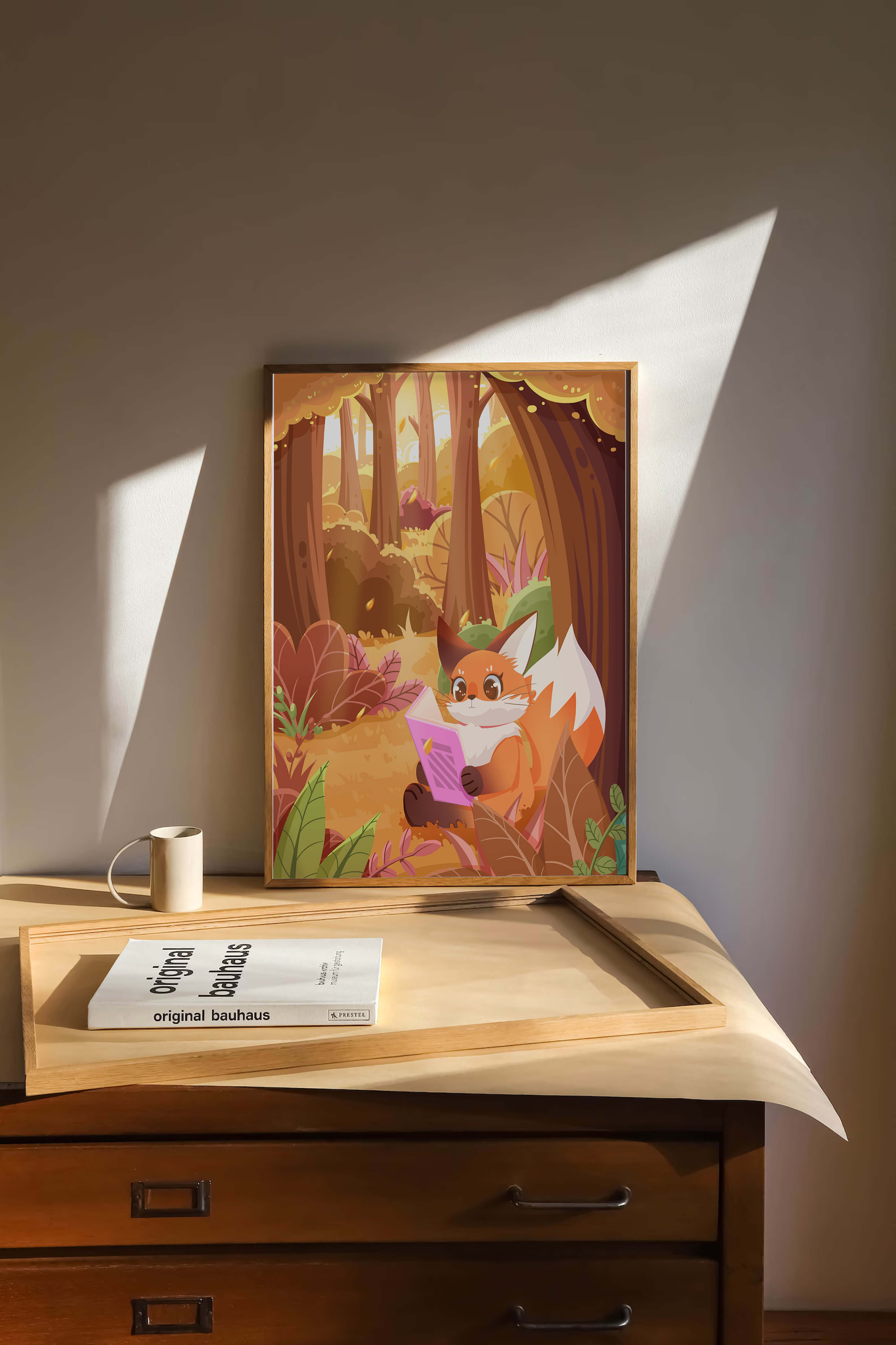 Fox reading a book in a whimsical autumn forest