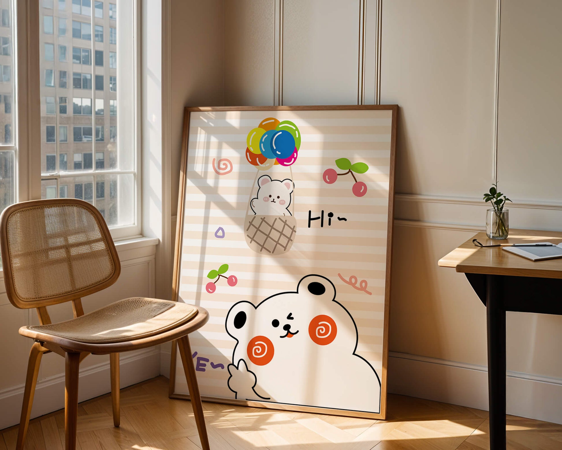 Adorable bears with colorful balloons and cherries on striped background