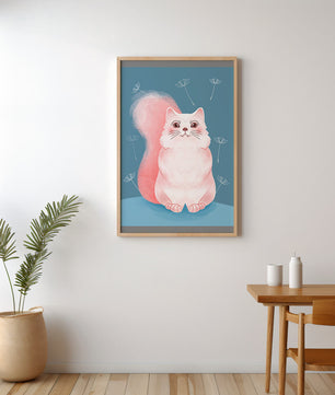 Whimsical Cat Illustration with Dandelions on Blue Background - Mi tienda