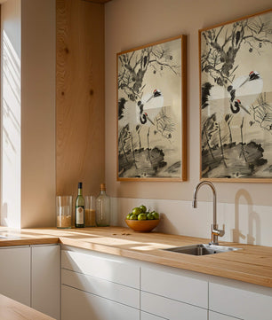 Traditional Japanese Painting of Cranes with Pine Tree and Gold Details