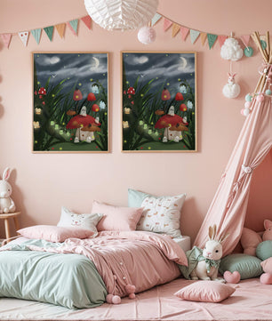 Enchanted night scene with glowing mushrooms and moonlit sky
