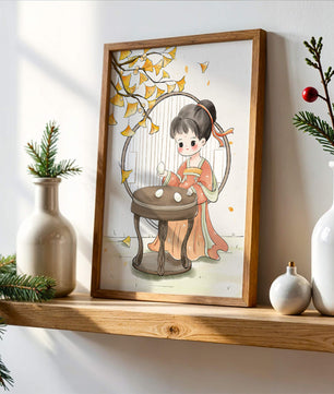 Charmante illustration d'une fille en tenue traditionnelle avec des feuilles de ginkgo