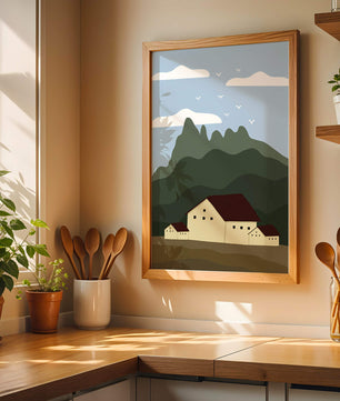 Paisaje minimalista de montaña con casas y pájaros en el cielo