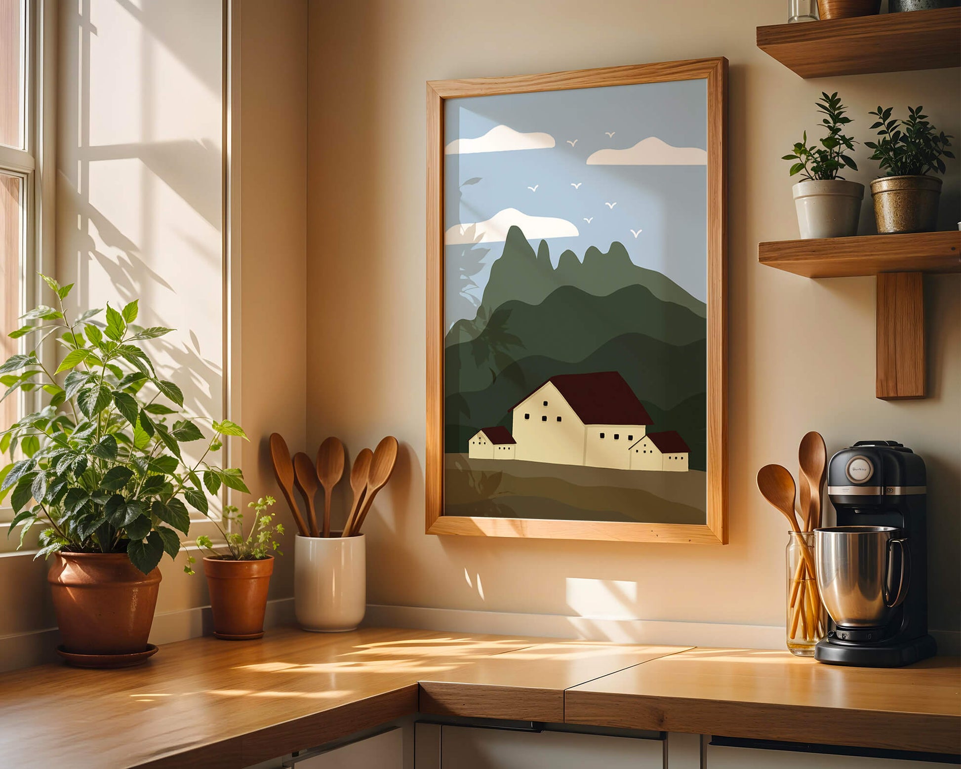 Paisaje minimalista de montaña con casas y pájaros en el cielo