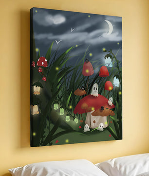 Enchanted night scene with glowing mushrooms and moonlit sky