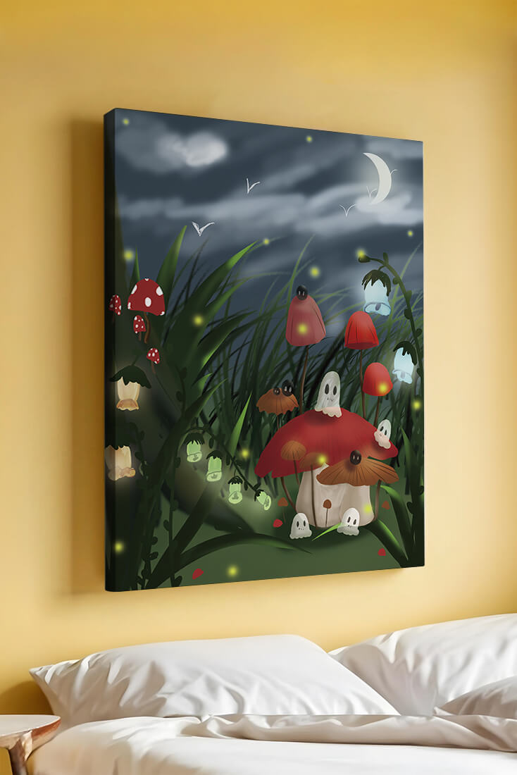 Enchanted night scene with glowing mushrooms and moonlit sky