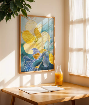 Abstract Floral Art with Golden Accents on Blue Background