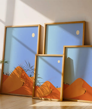 Serene desert landscape with dunes, camels, and a lone traveler under a starry sky