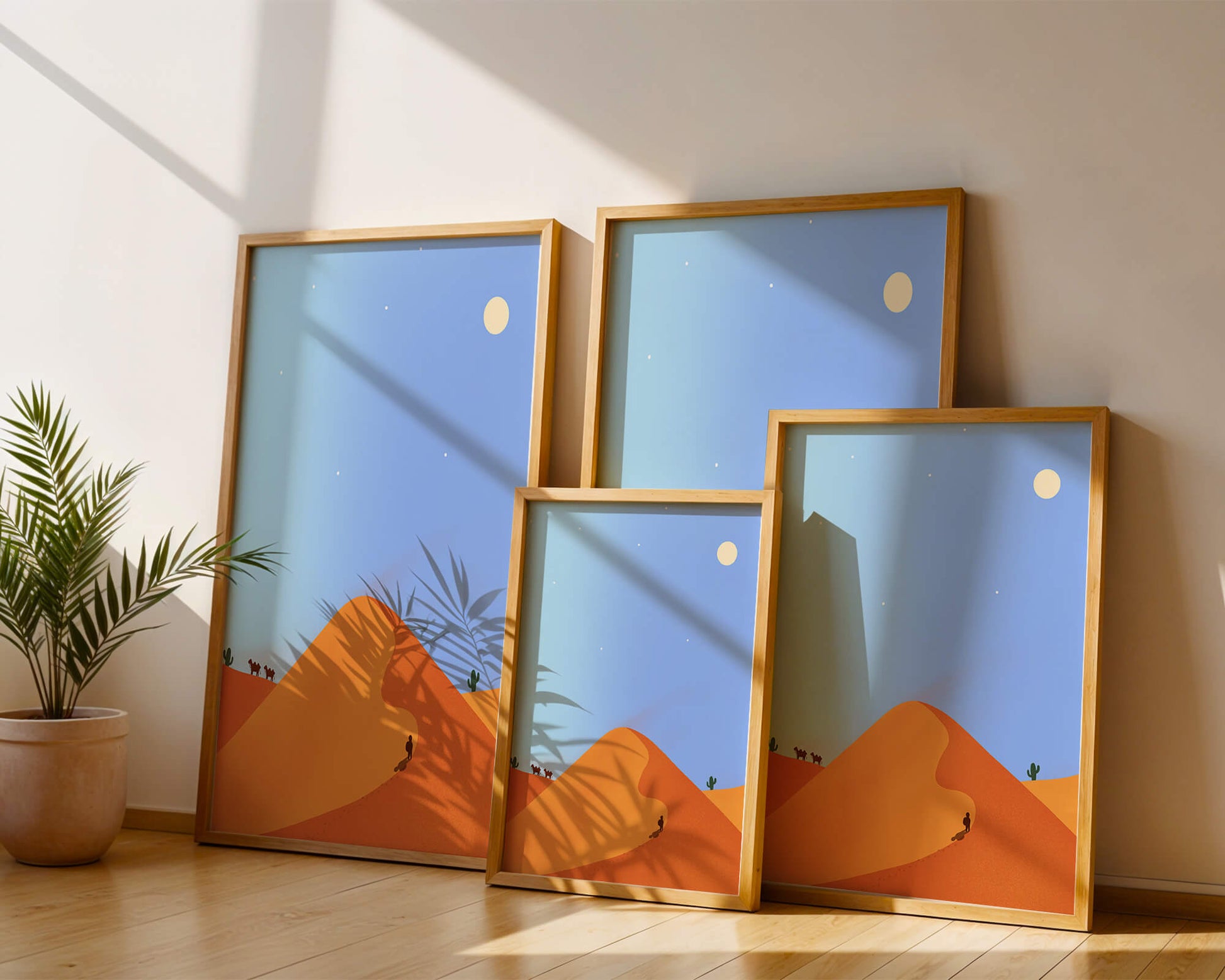 Serene desert landscape with dunes, camels, and a lone traveler under a starry sky