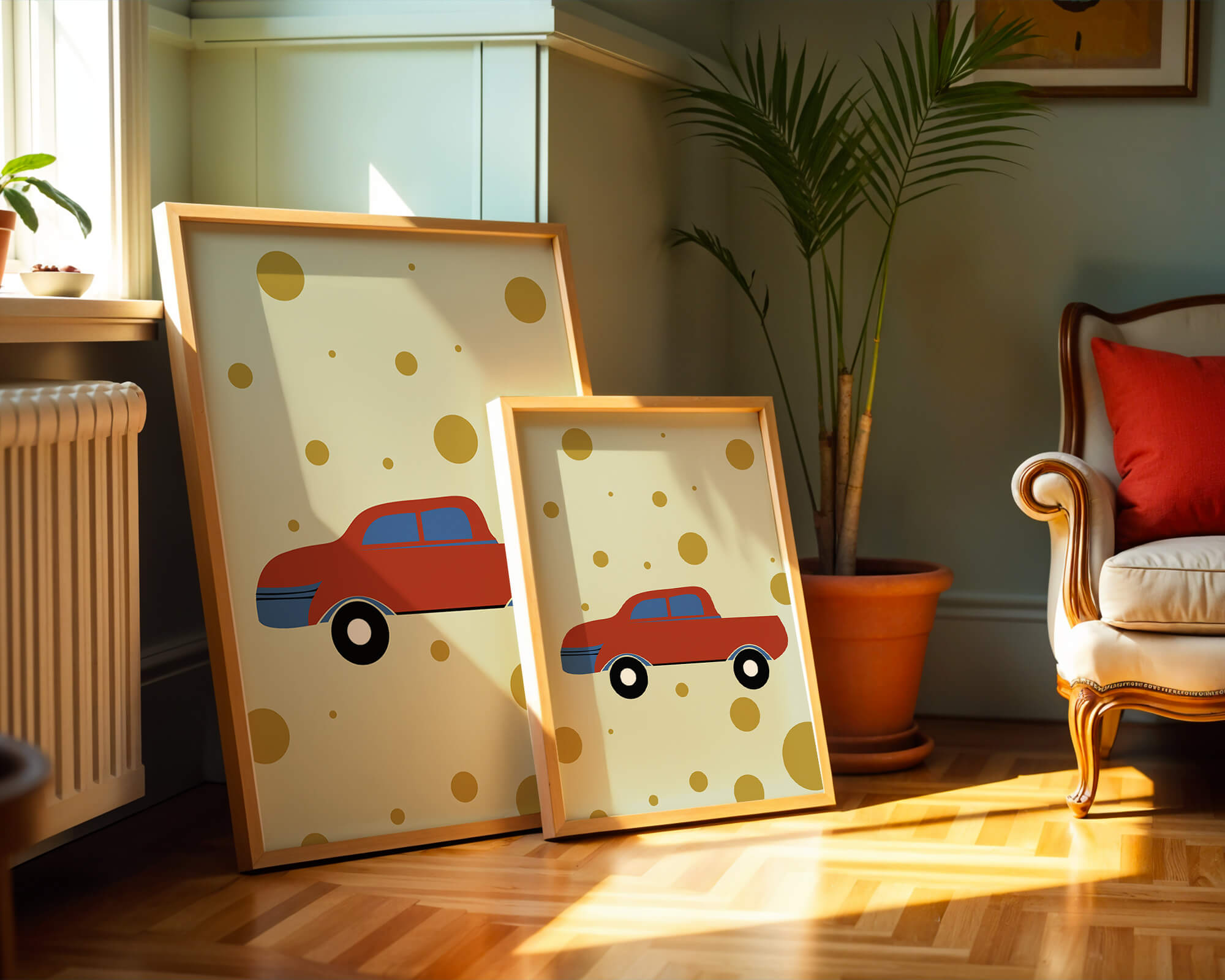 Abstract illustration of a red car with golden circles on a beige background