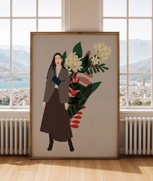 Elegant woman illustration with floral background in earthy tones