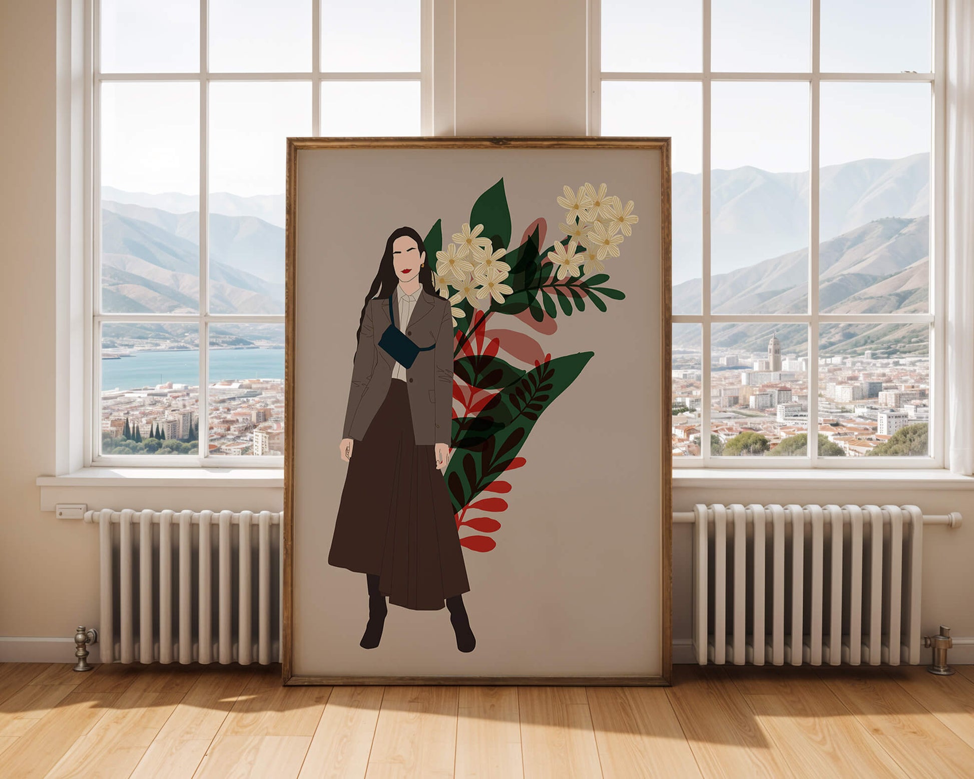 Elegant woman illustration with floral background in earthy tones