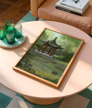 Tranquil Asian garden scene with traditional pagoda and serene pond