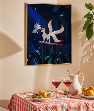Enchanted forest with fairy and mystical creature under moonlit sky