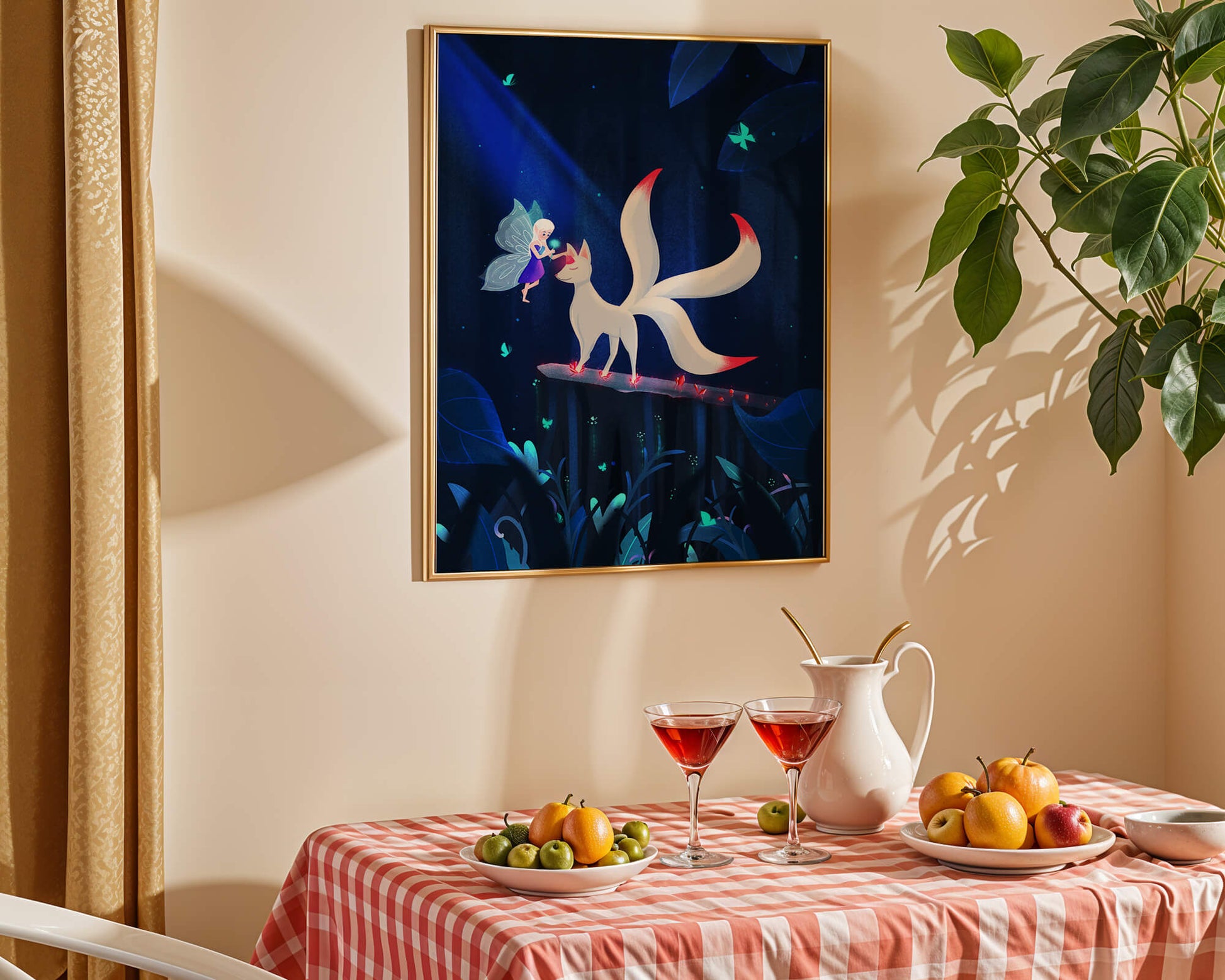 Enchanted forest with fairy and mystical creature under moonlit sky