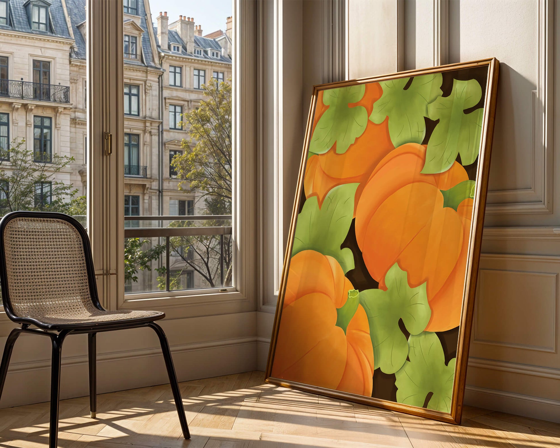 Colorful Pumpkin Pattern With Green Leaves