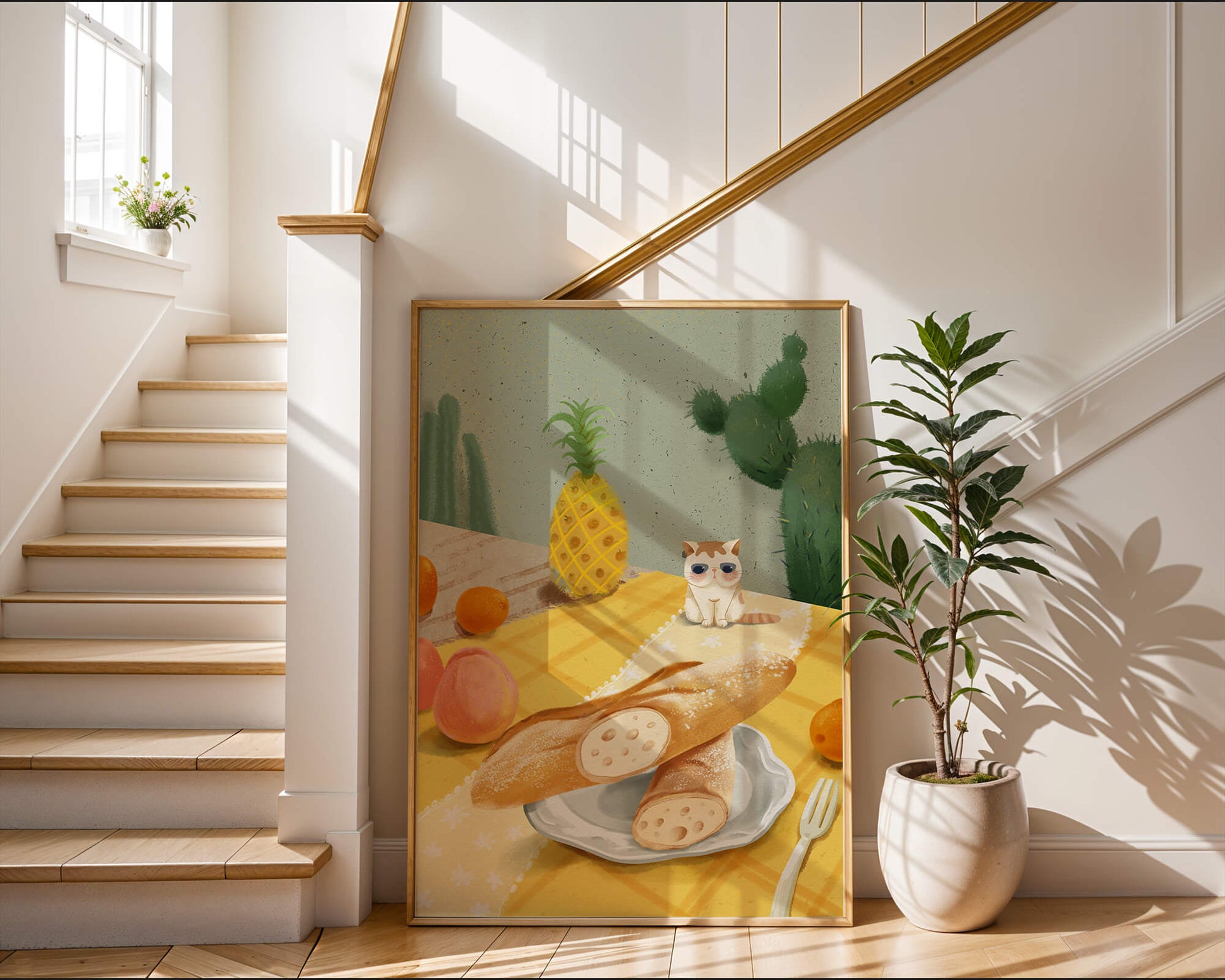 Gato con gafas de sol en un entorno tropical con baguettes y frutas