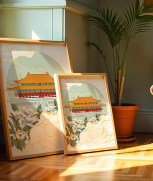 Traditional Asian palace illustration with floral and cloud motifs