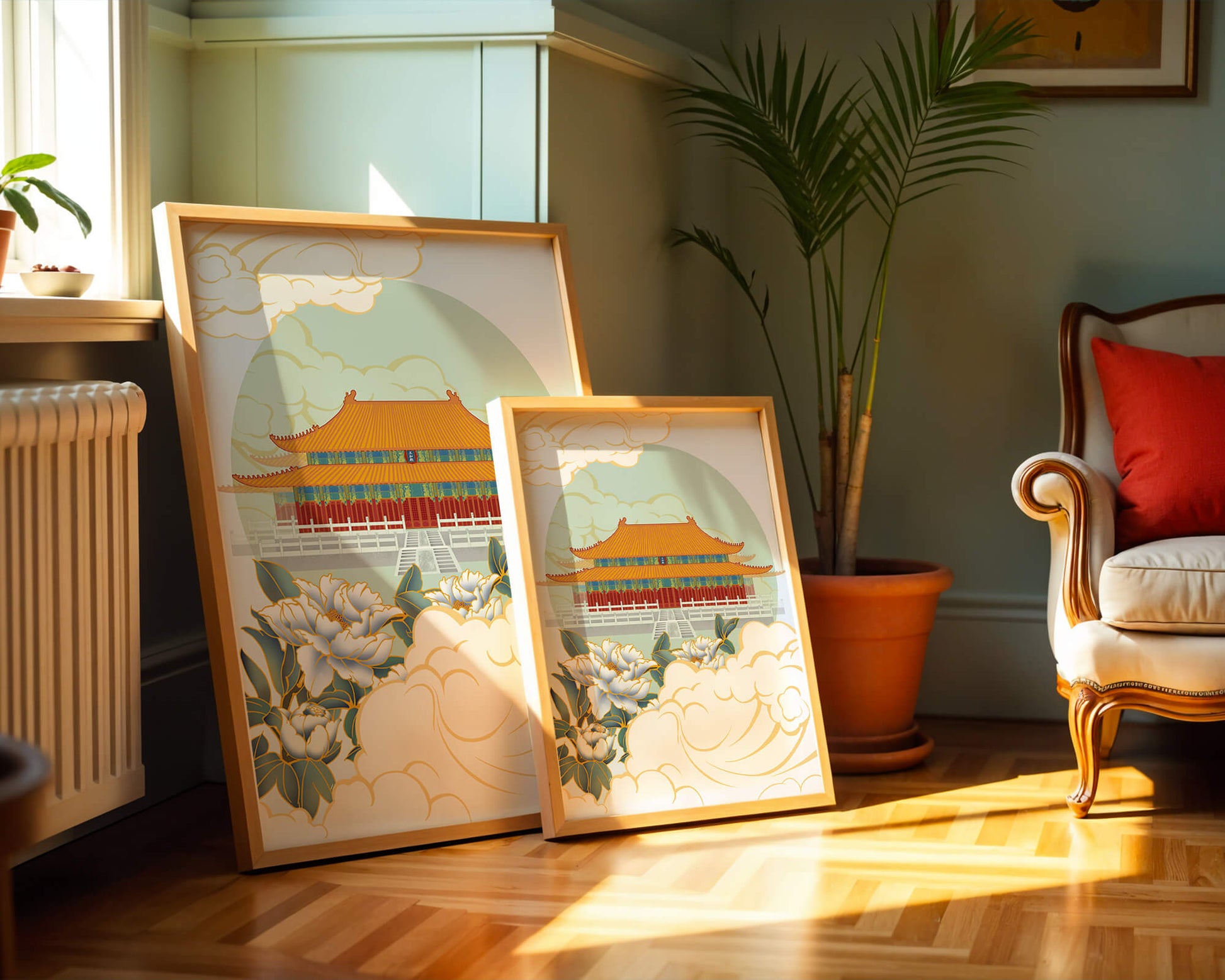 Traditional Asian palace illustration with floral and cloud motifs