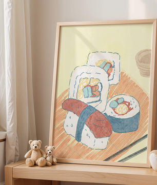 Illustration of assorted sushi on a wooden board