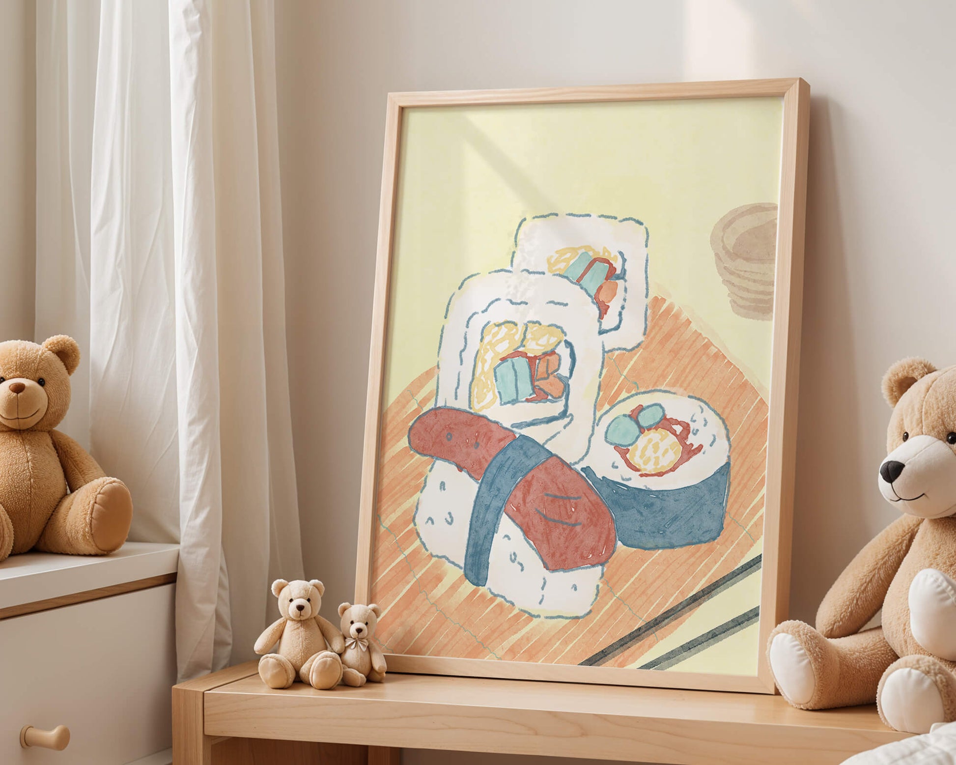 Illustration of assorted sushi on a wooden board