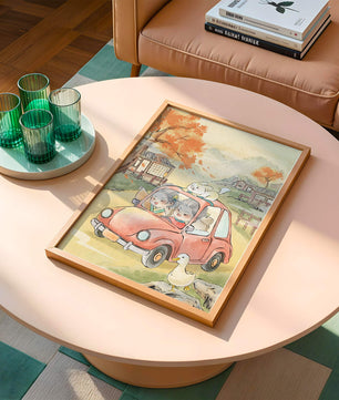 Charmante Landfahrt mit verspielten Charakteren und herbstlicher Landschaft