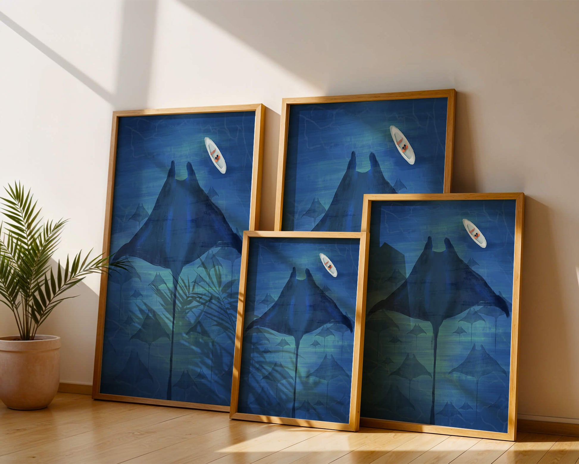 Serene underwater scene with manta rays and a lone kayak