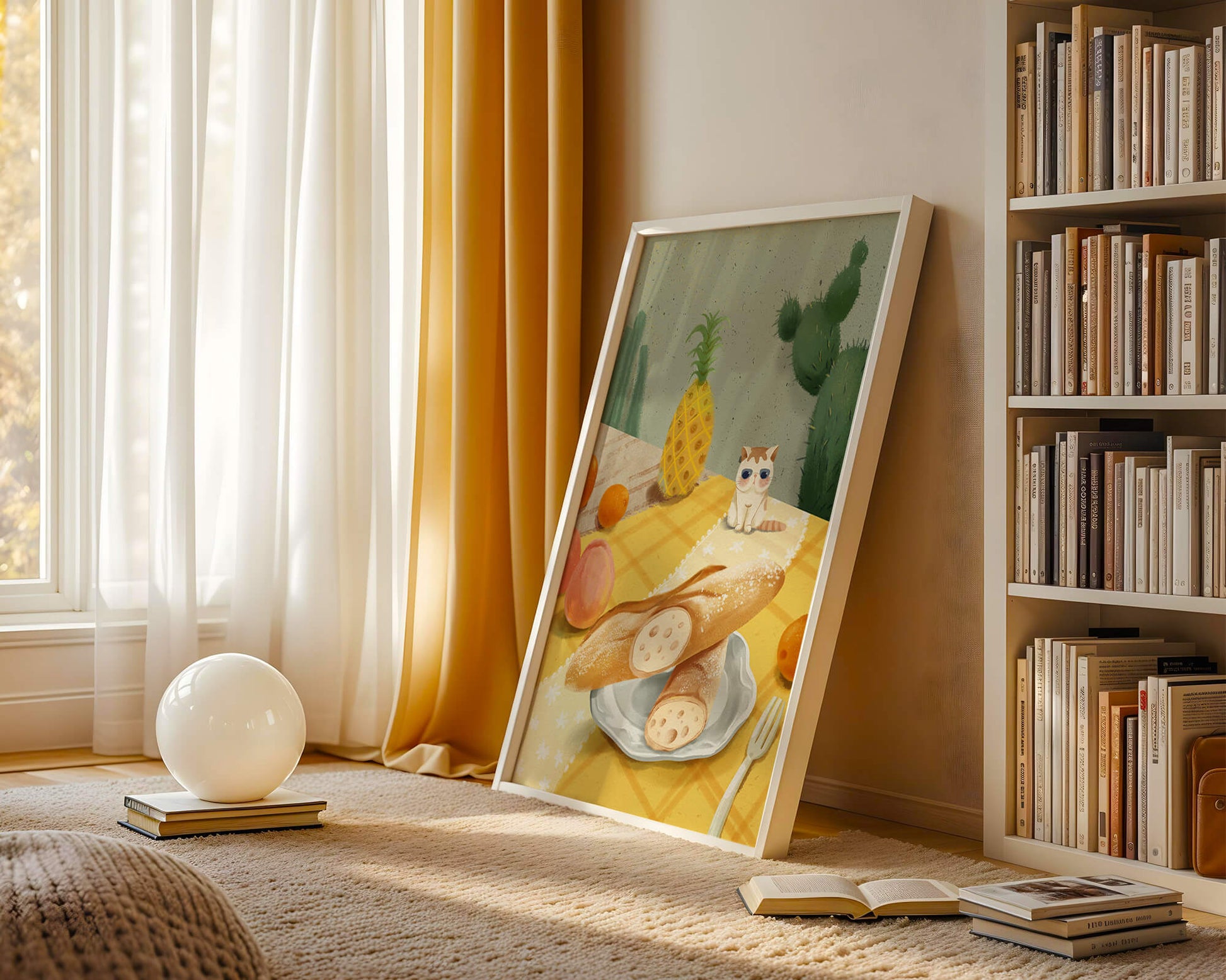 Gato con gafas de sol en un entorno tropical con baguettes y frutas