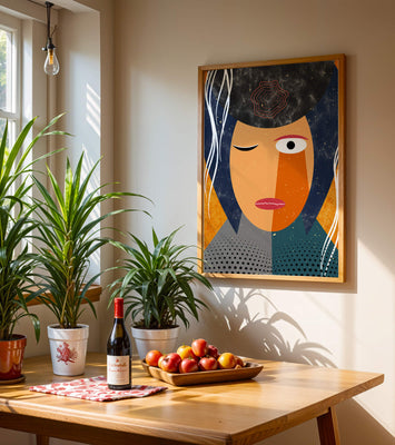 Abstract geometric portrait featuring vibrant colors and textures