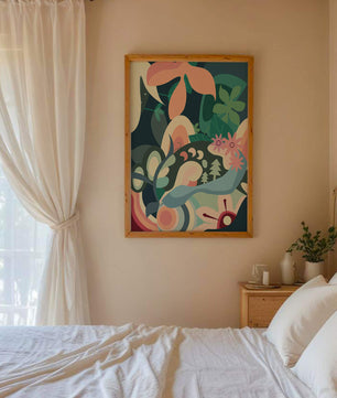 Abstract botanical artwork with vibrant colors and natural elements