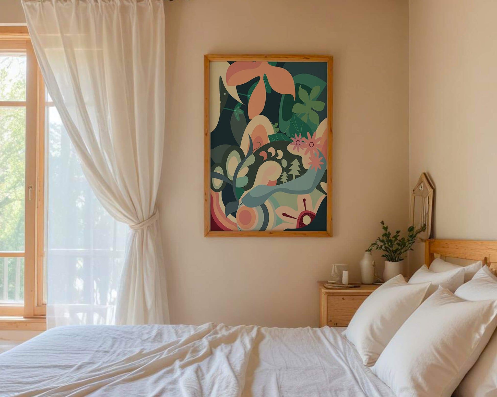 Abstract botanical artwork with vibrant colors and natural elements