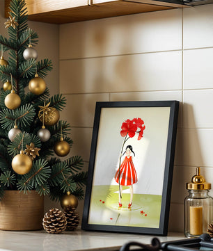 Young girl holding large red flower standing in puddle illustration