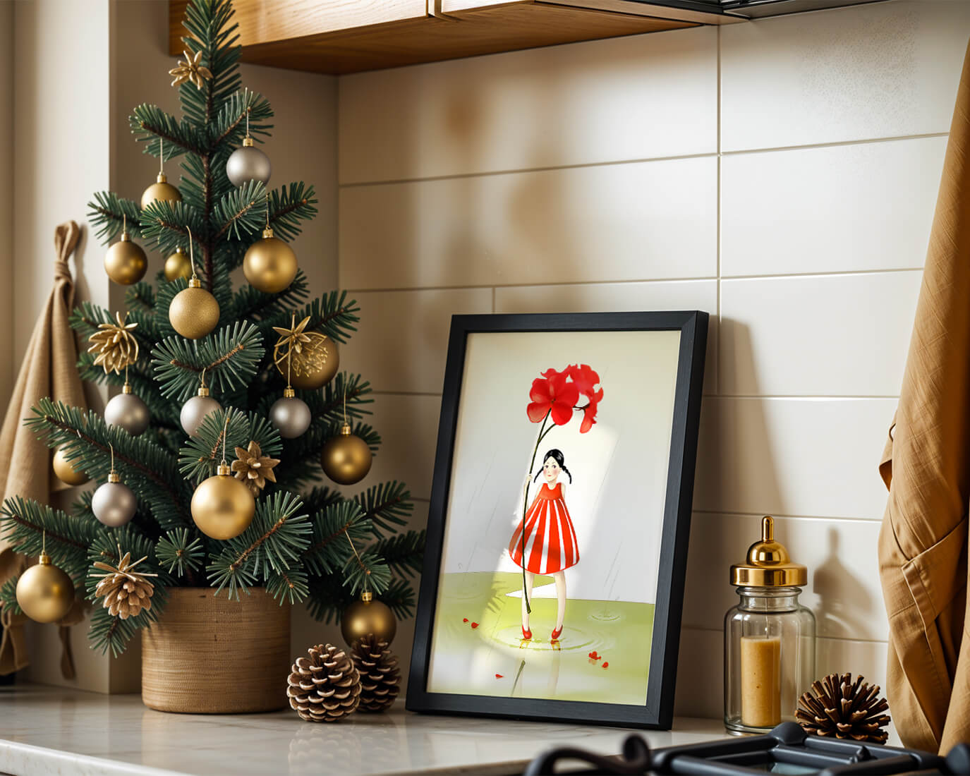 Young girl holding large red flower standing in puddle illustration