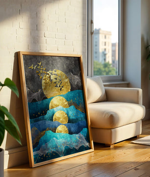 Abstract Landscape with Golden Sun and Flying Birds