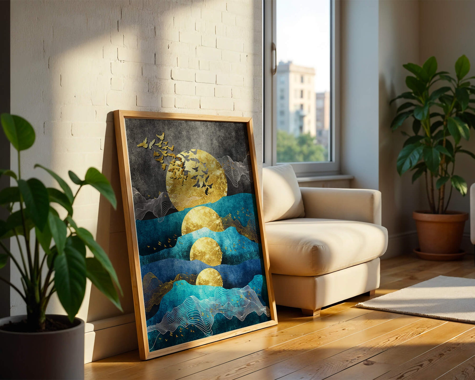 Abstract Landscape with Golden Sun and Flying Birds
