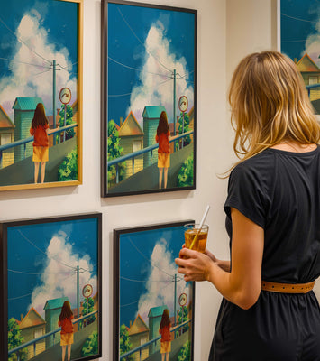 Girl standing on a bridge overlooking a suburban street with vibrant clouds and blue sky