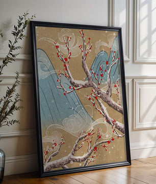 Traditional Japanese landscape with blooming cherry branches