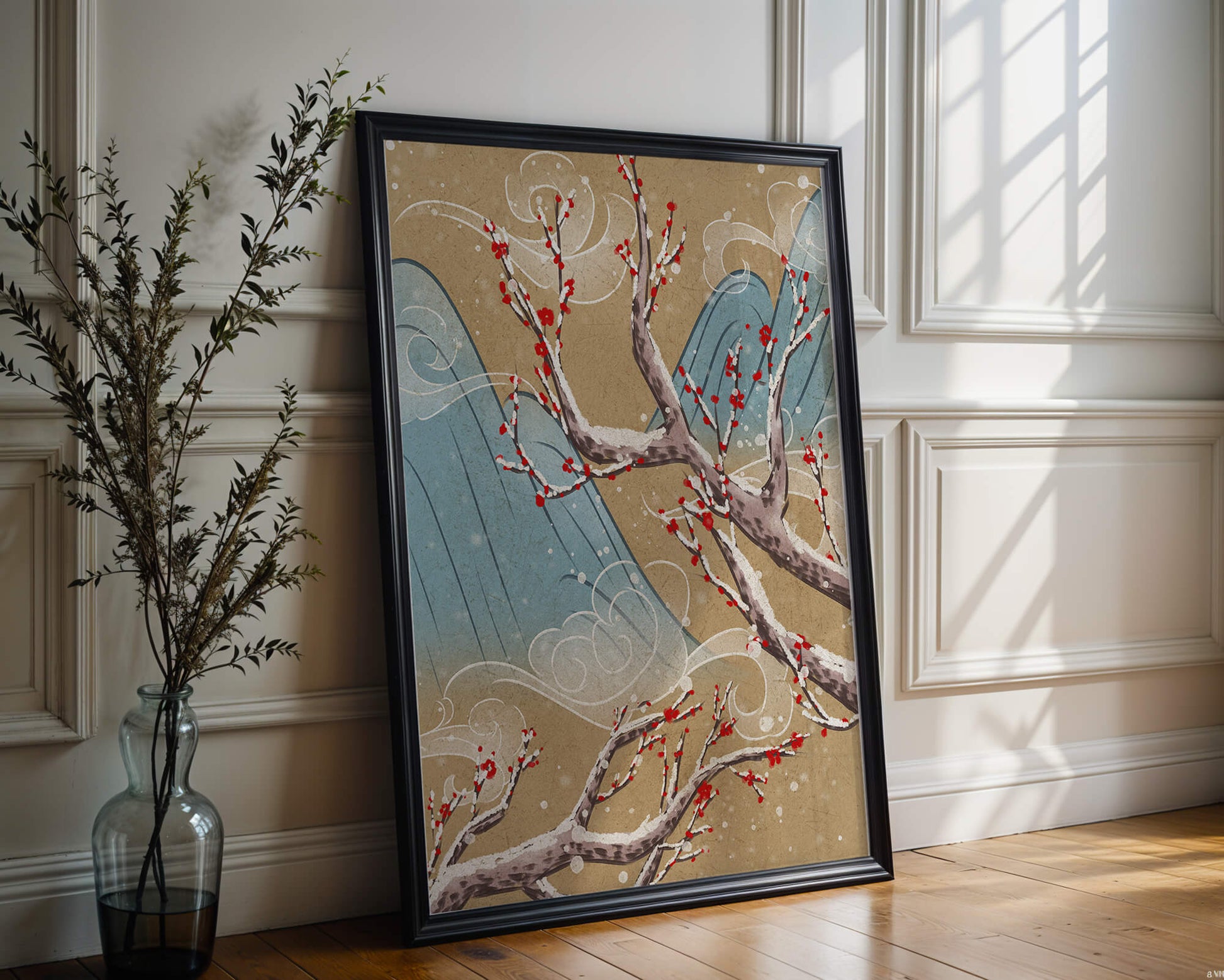 Traditional Japanese landscape with blooming cherry branches