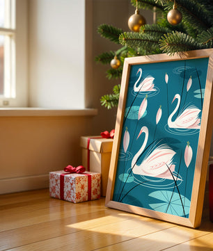 Serene illustration of swans gracefully gliding on a pond with lily pads
