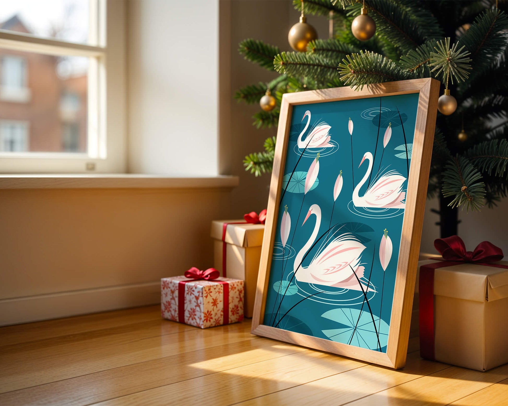 Serene illustration of swans gracefully gliding on a pond with lily pads