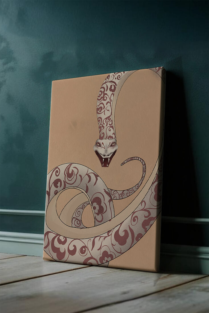 Elegant coiled snake with floral patterns in an artistic composition