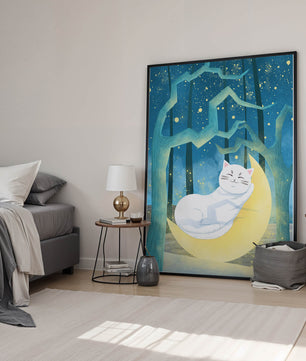 Cat sleeping on the moon in an enchanted forest under the starry sky