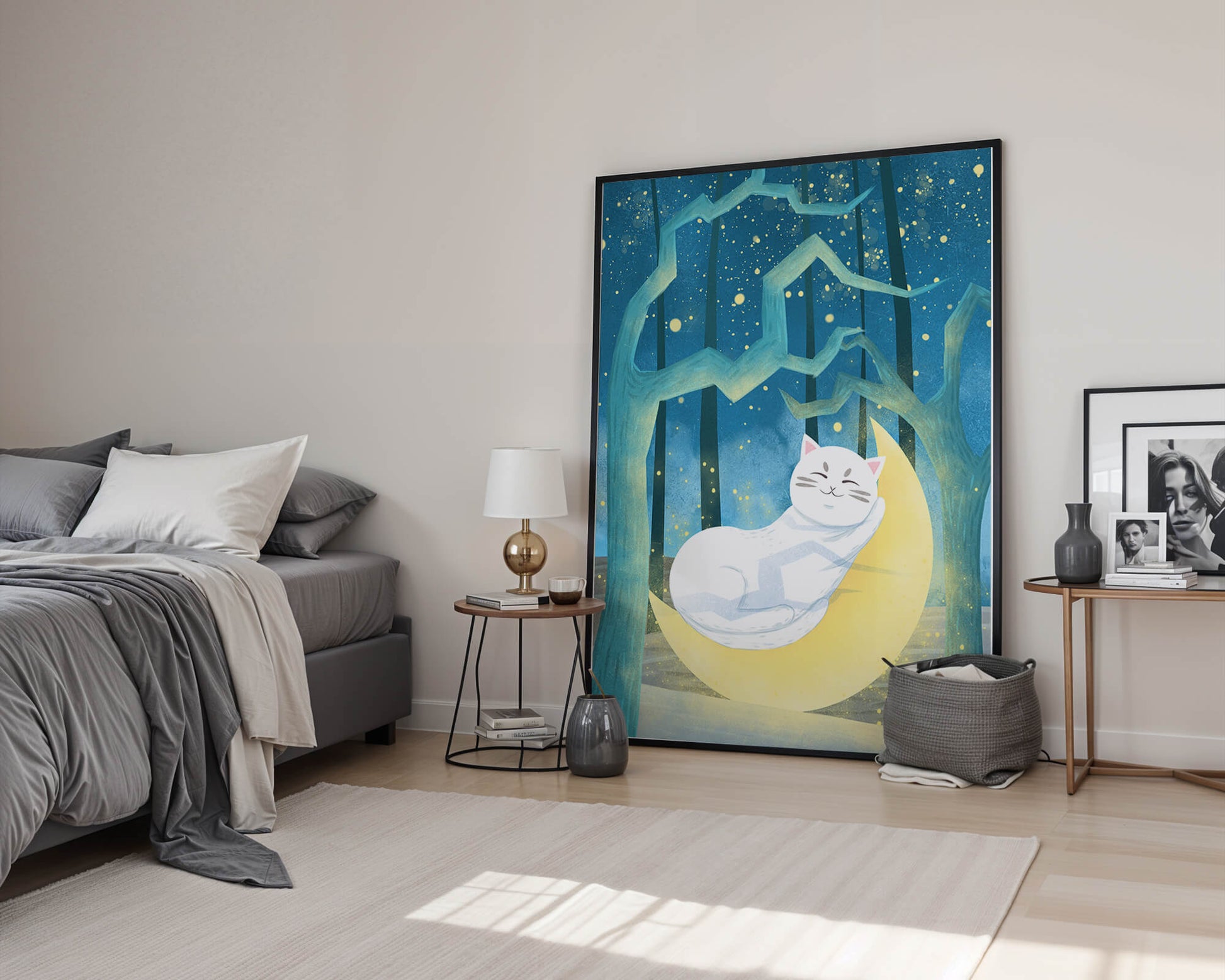 Cat sleeping on the moon in an enchanted forest under the starry sky