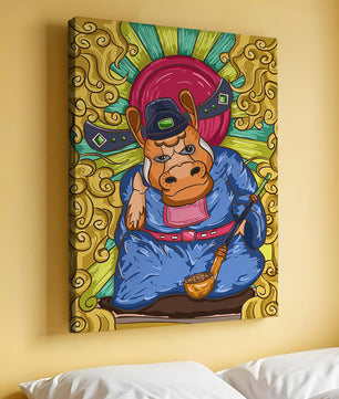 Ilustración colorida de un personaje animal caprichoso con alrededores ornamentados