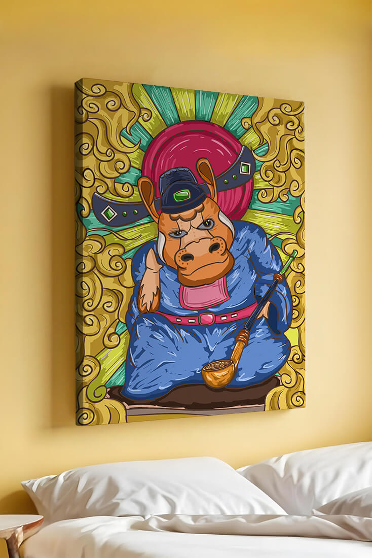 Traducción al español: Ilustración colorida de un personaje animal caprichoso con decoraciones ornamentadas a su alrededor.